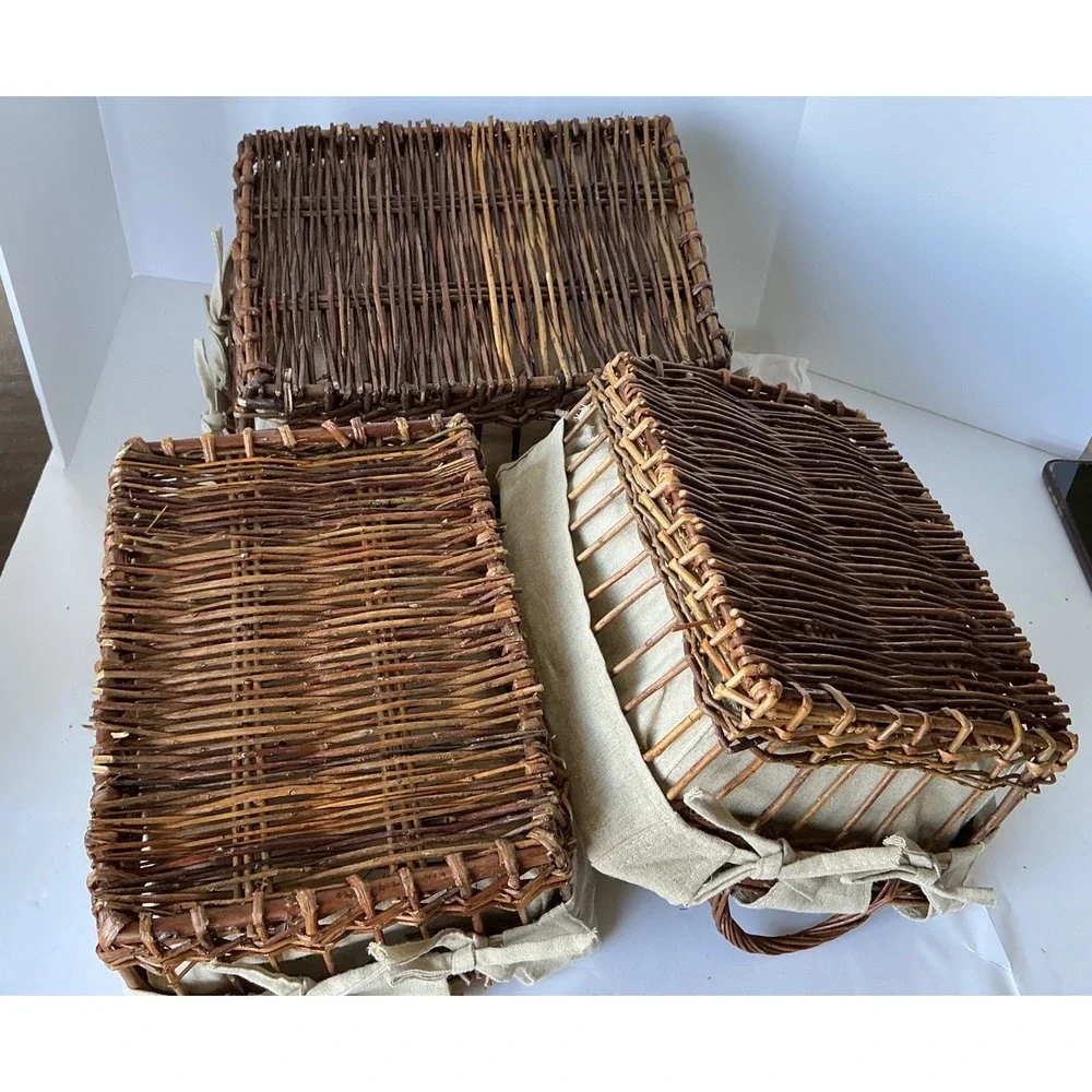 Rustic Twig Nesting Baskets Set of 3 Fabric Lined Brown Farmhouse Home‎